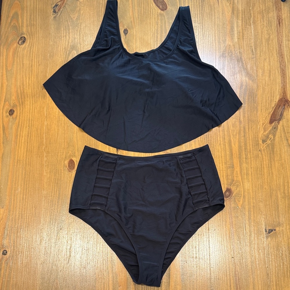 Black flowy top & high waisted hollow high waist bikini bottoms swimwear NWOT